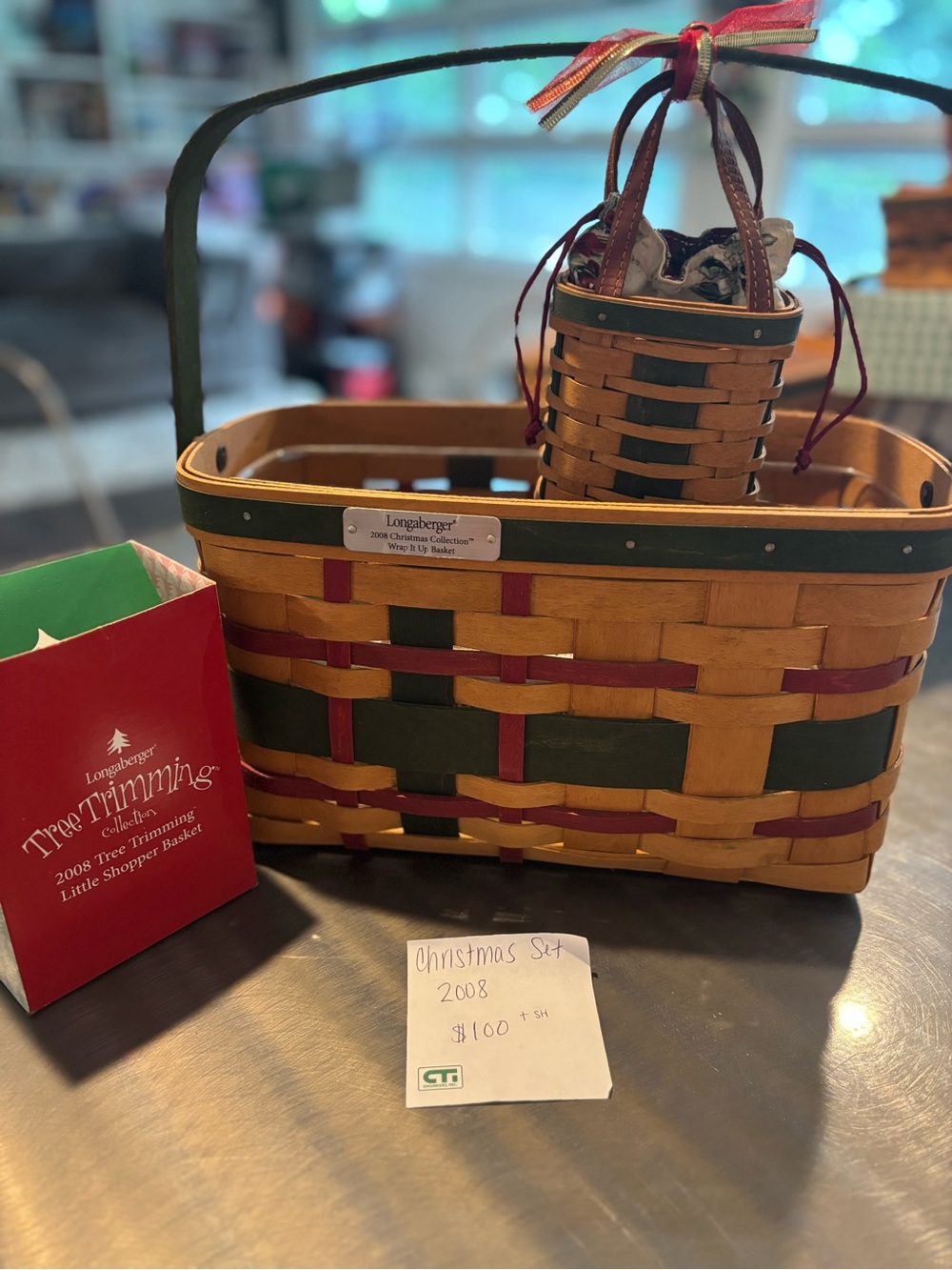 Longaberger Green and Red Woven Holiday Shopper Basket